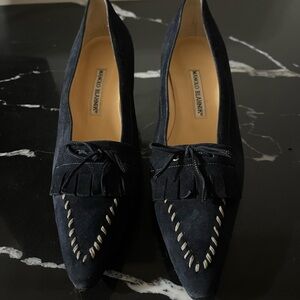 Manolo Blahnik Navy Suede Loafers with Tassel Detail